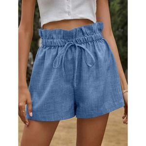 High Waist Linen Shorts - Blue
